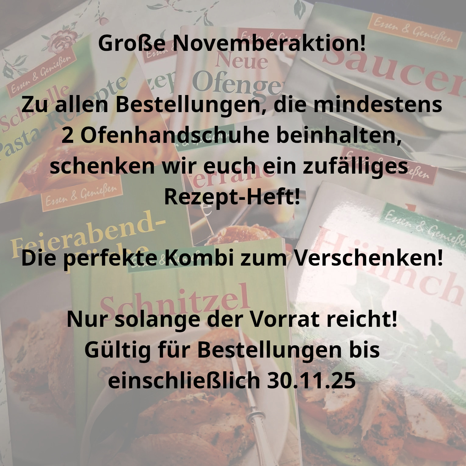 Große Novemberaktion!  Zu allen Bestellungen, die mindestens 2 Ofenhandschuhe beinhalten, schenken wir euch ein zufälliges  Rezept-Heft!  Die perfekte Kombi zum Verschenken!  Nur solange der Vorrat reicht! Gültig für Bestellungen bis einschließlich 30.11.25